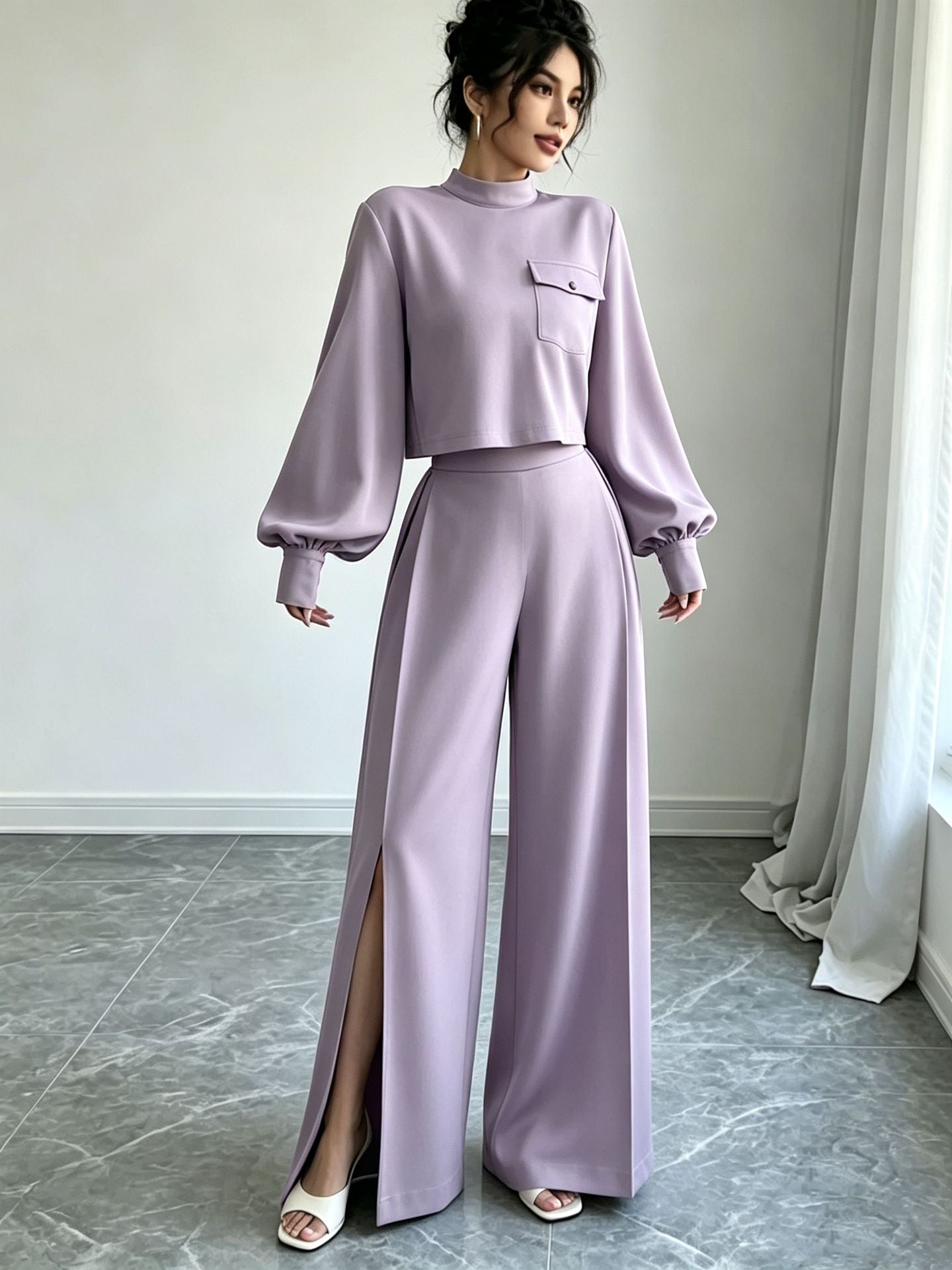 Solid color wide leg pants set for women 