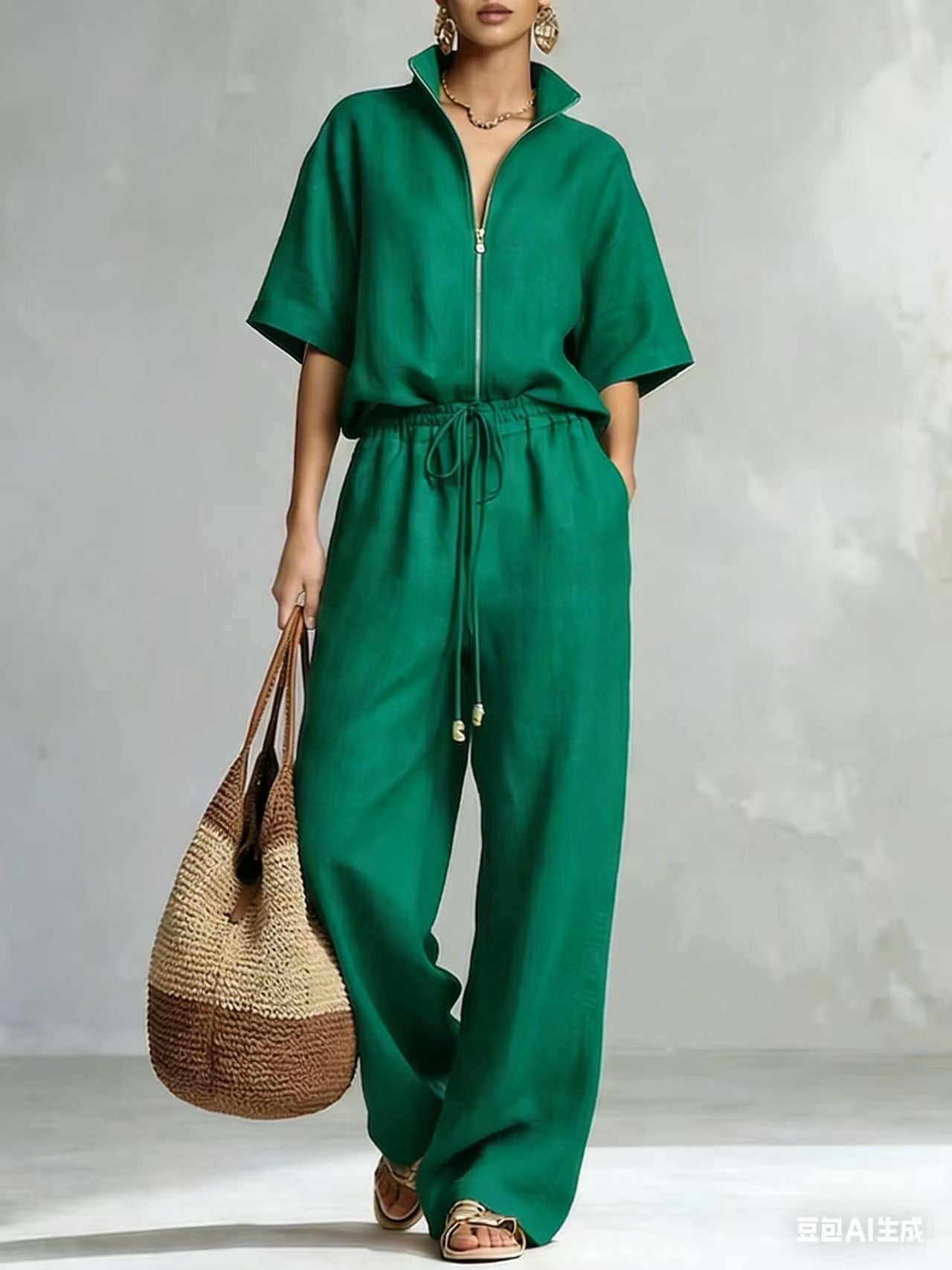 Womens Casual Loose Solid-Color Zip-Up Crew-Neck Wide-Leg Pants Set 