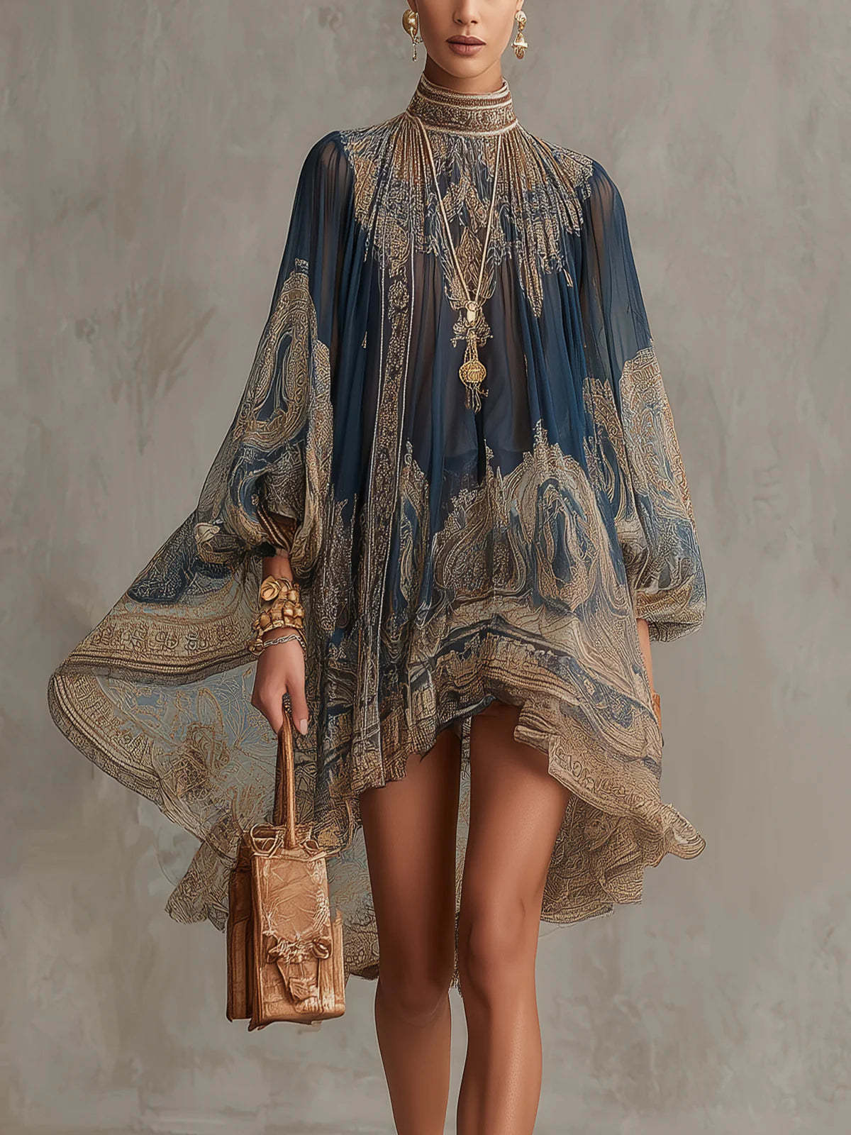 Printed Long Sleeve High Neck Loose Dress 