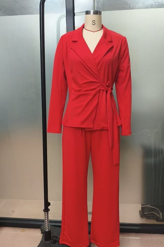 Women's Wrap Tie Blazer & Wide Leg Pants Suit Set 