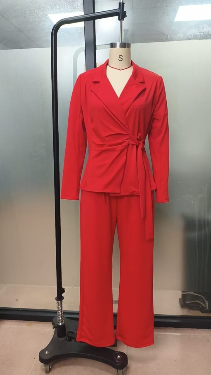 Women's Wrap Tie Blazer & Wide Leg Pants Suit Set 