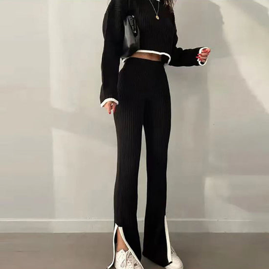 Women's Casual Color-Block Two Piece Set, Long Sleeve Crop Top With Slim Slit Pants, Spring&Autumn Comfort Outfit 