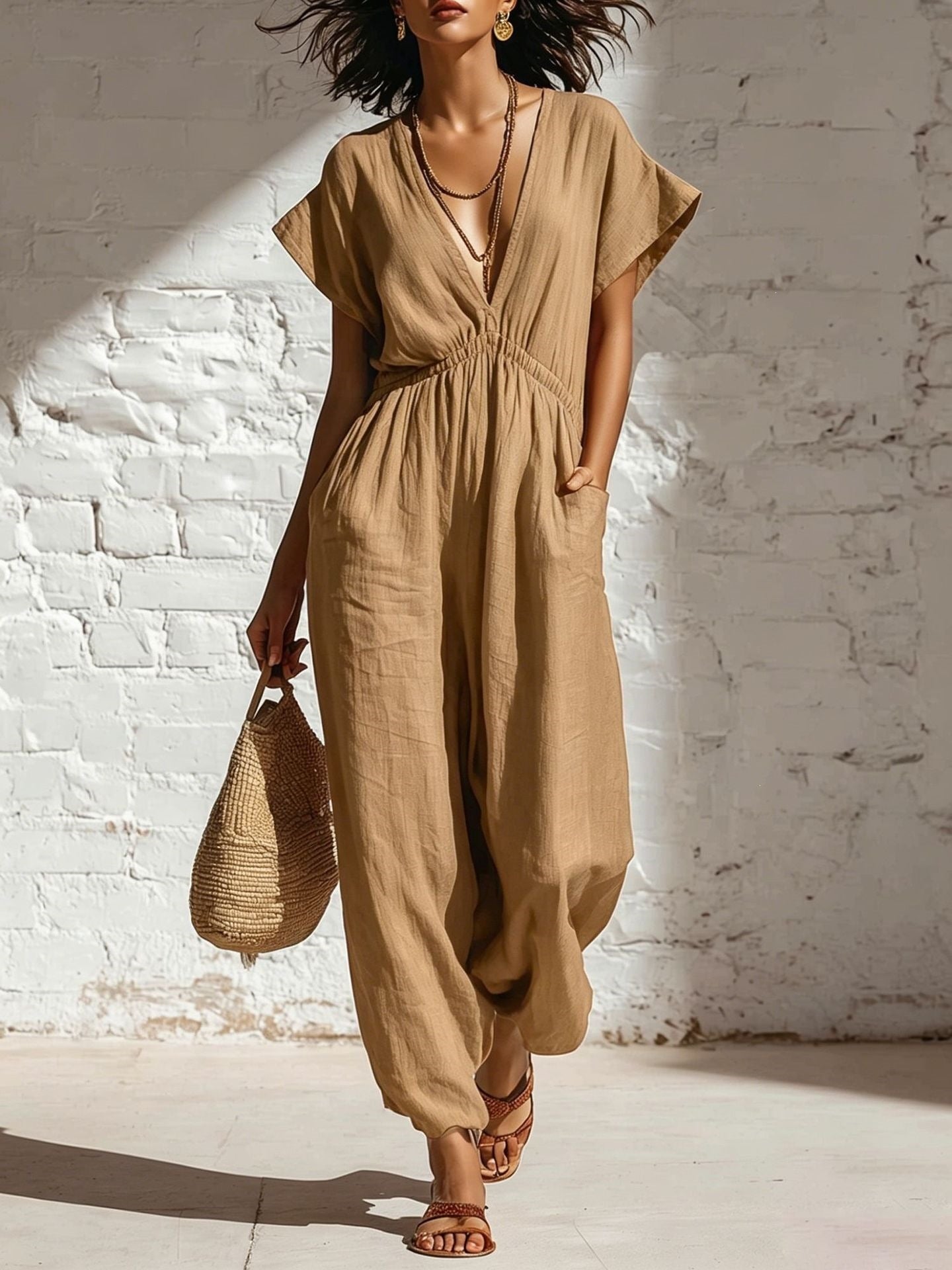 Deep V-neck loose fit pants for women 