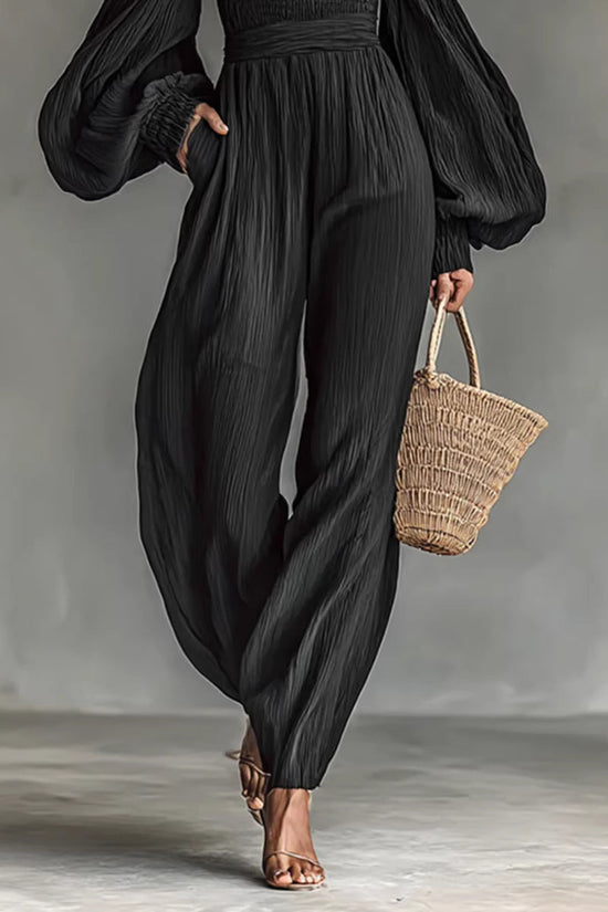 Style Off-Shoulder Lantern Sleeve Pleated Loose Jumpsuit for Women 