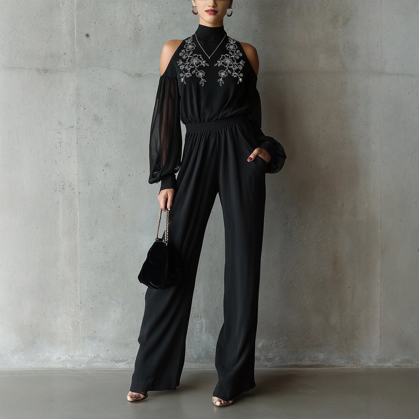 Black Embroidered Womens Long-Sleeve Wide-Leg Jumpsuit 