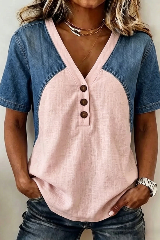 Fashionable Trendy Womens Loose Denim Patchwork T-Shirt 