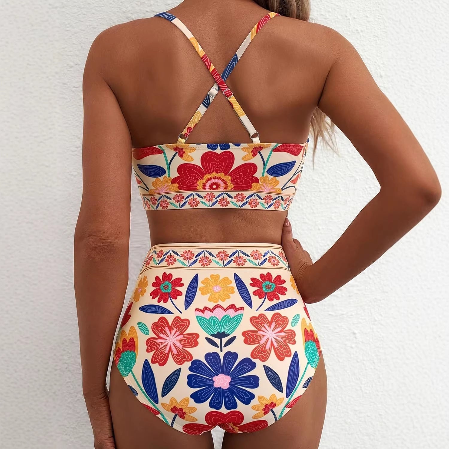 Floral Print High-Waisted U-Line Bikini Set Swimwear for Women 