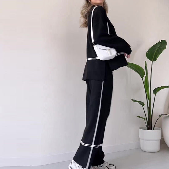 Women’s Solid Color Casual Two-Piece Set – Loose Top & Bootcut Pants Suit - FitiqueFit