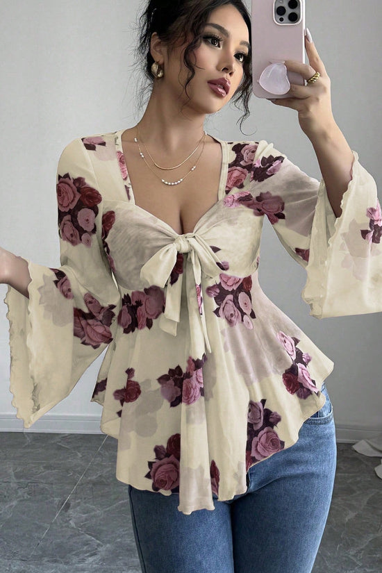 Sweet Floral Ombre Tie-Back Square Neck Long Sleeve Blouse 
