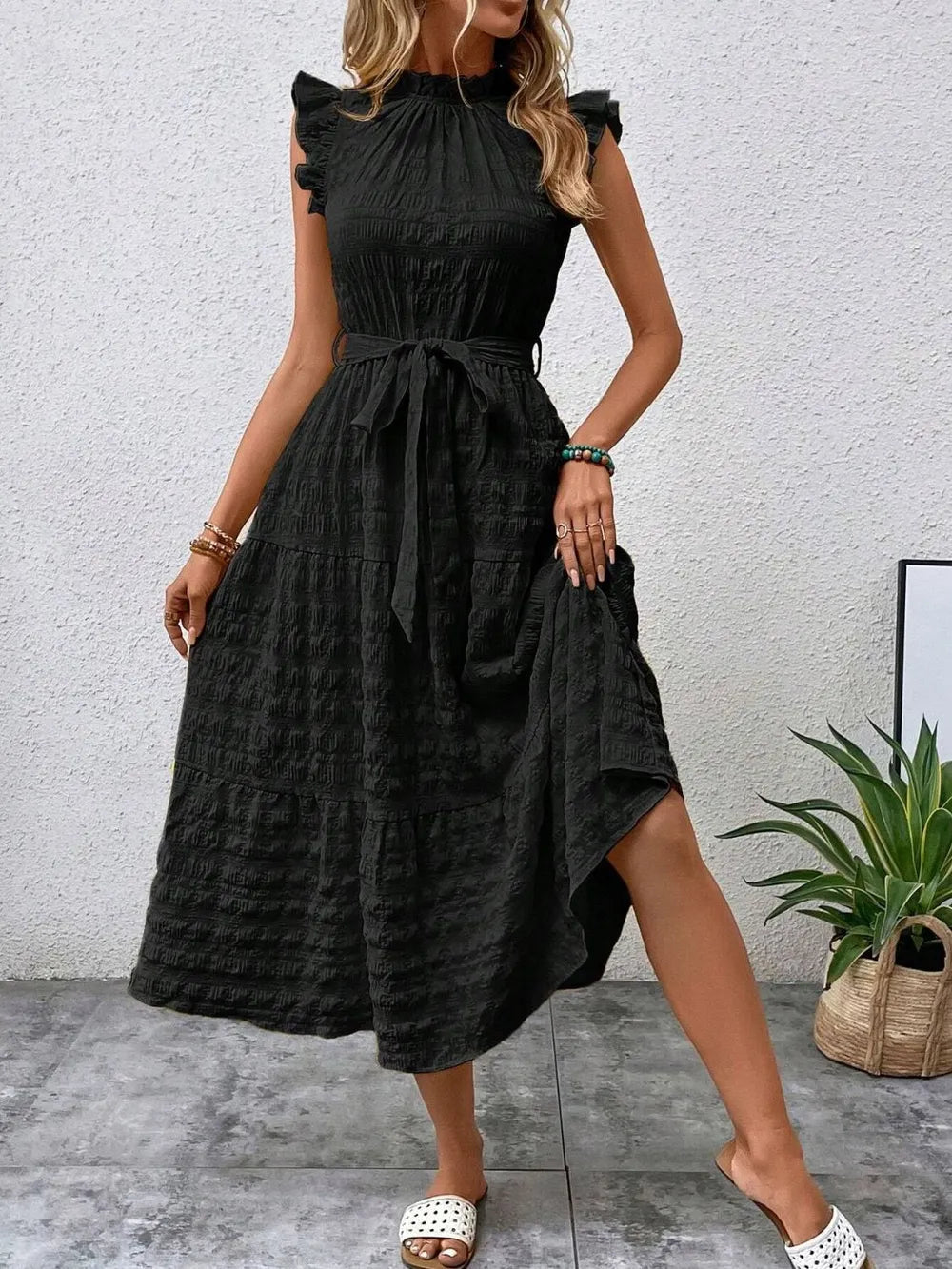 Tied Ruffled Cap Sleeve Midi Dress 