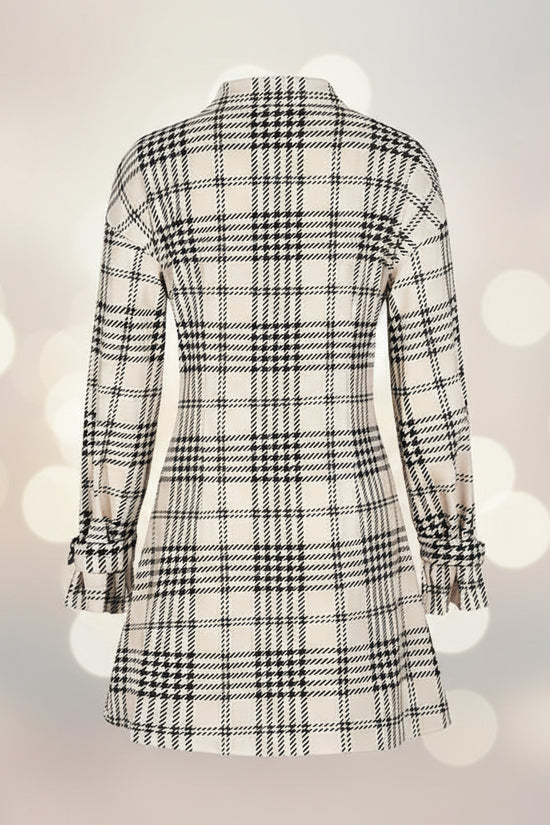 Women's Elegant Plaid Shirt Dress, Ruched Waist A-Line Mini Dress With Long Sleeves CJ US