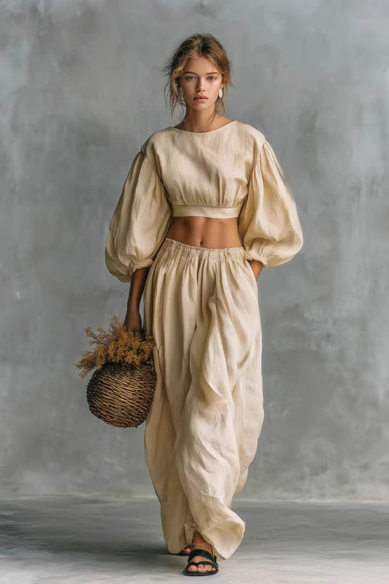 Crew-neck Puffed-sleeve Pocketed Pants Casual Womens Set 