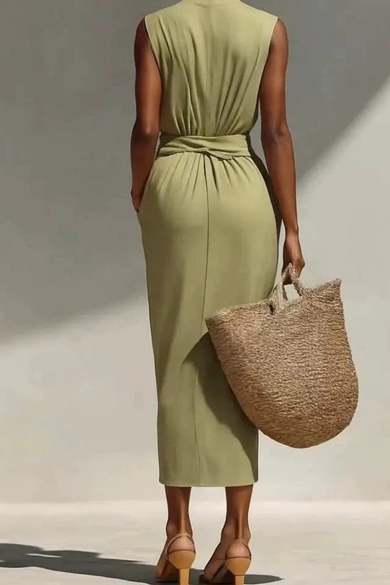 Solid-color Sleeveless Cotton-linen Feel Midi Dress 