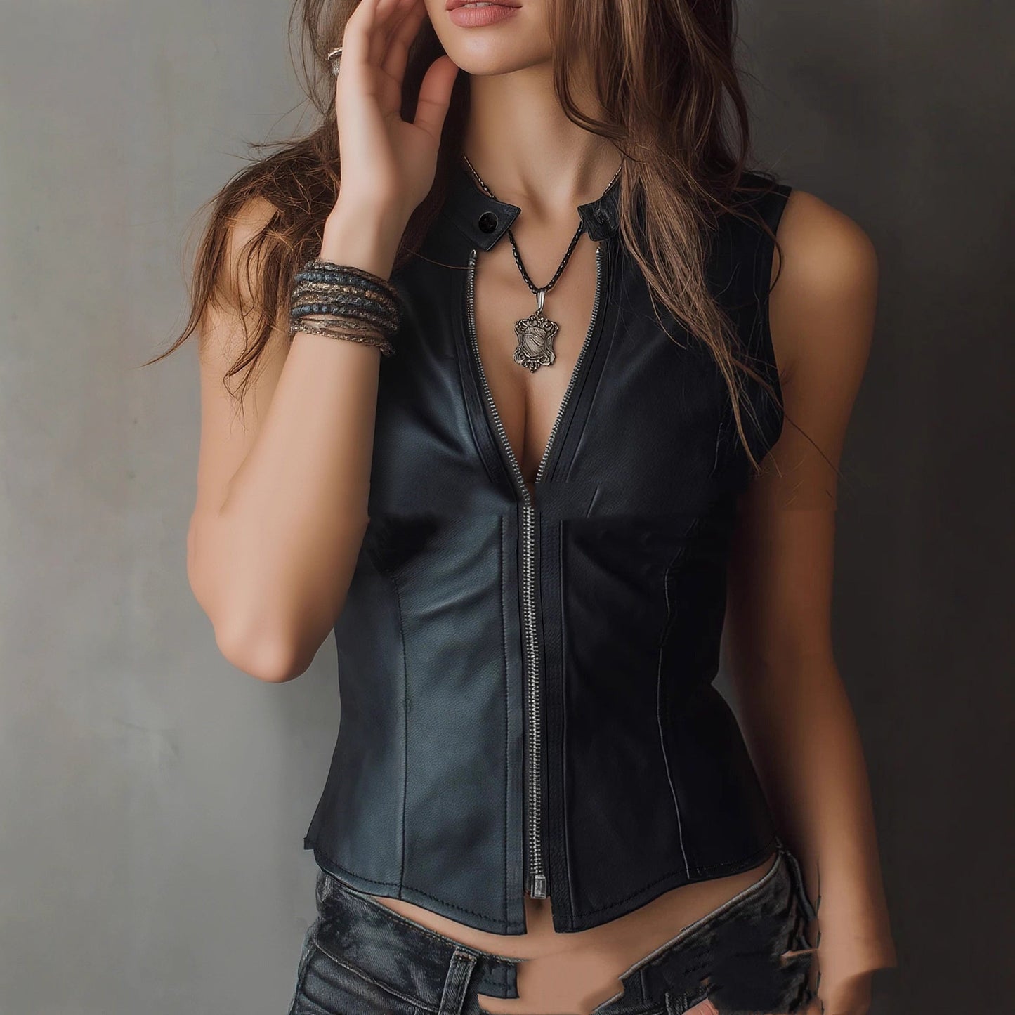 Fashionable Stand Collar Sexy Backless Slim-fit Crop PU Vest 