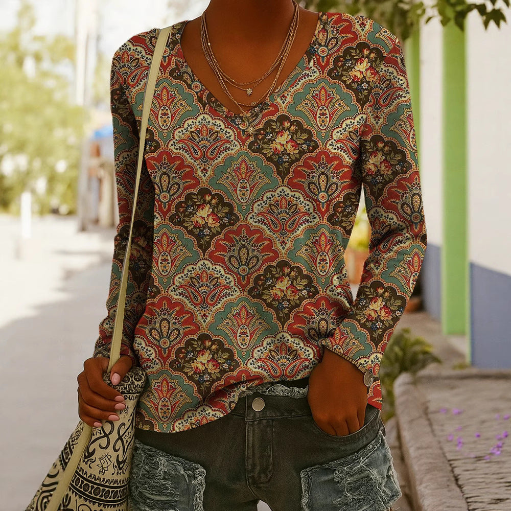 Fashionable Ethnic-Style Printed V-Neck Long-Sleeve T-Shirt 