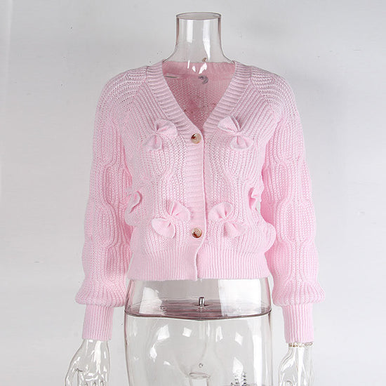 Women's Bow Cropped Cardigan - Long Sleeve V-Neck Button Down Knit Sweater Top 