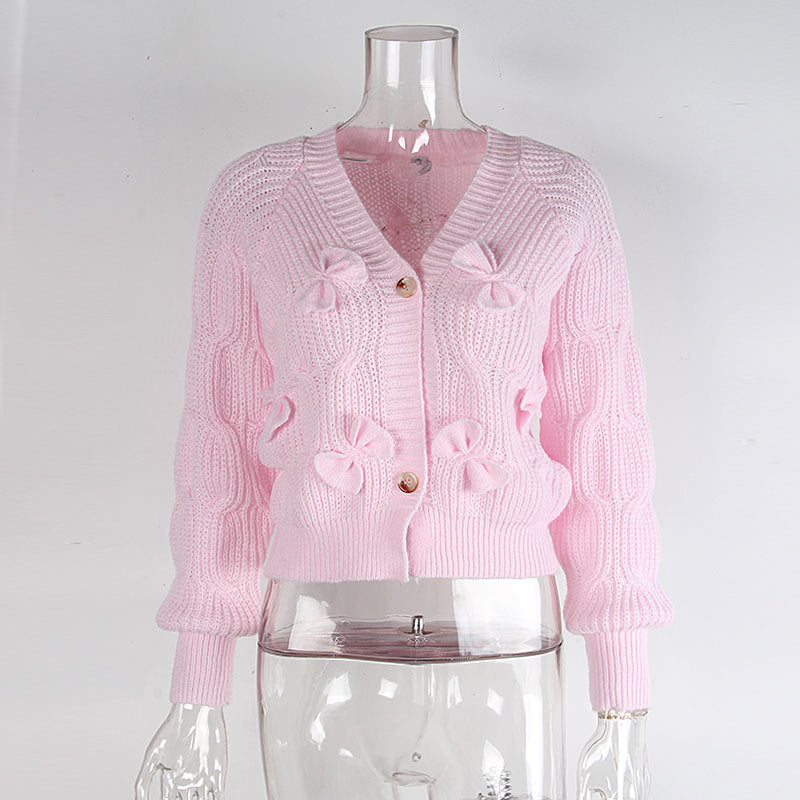 Women's Bow Cropped Cardigan - Long Sleeve V-Neck Button Down Knit Sweater Top 