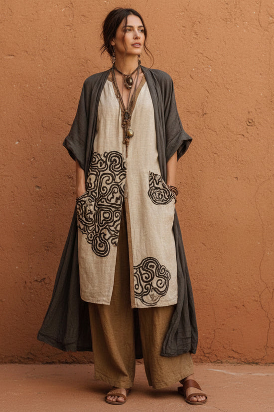 Loose Embroidered Long Robe Two-Piece Set for Women, Casual Wide-Leg Pants Outfit, Fashionable and Trendy 