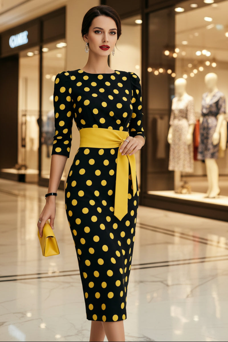 Retro Polka-dot Navy Blue Belted Waist-hugging Elegant Dress 