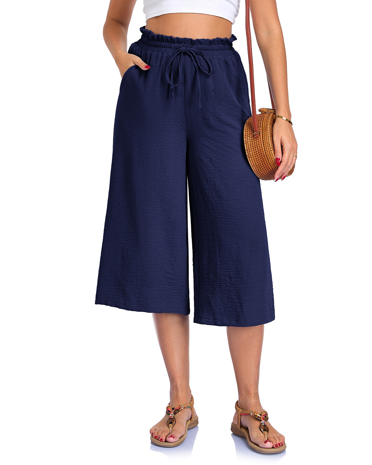 Women's Solid Color All-Match Elastic Cropped Pants Loose Wide-Leg Trousers 