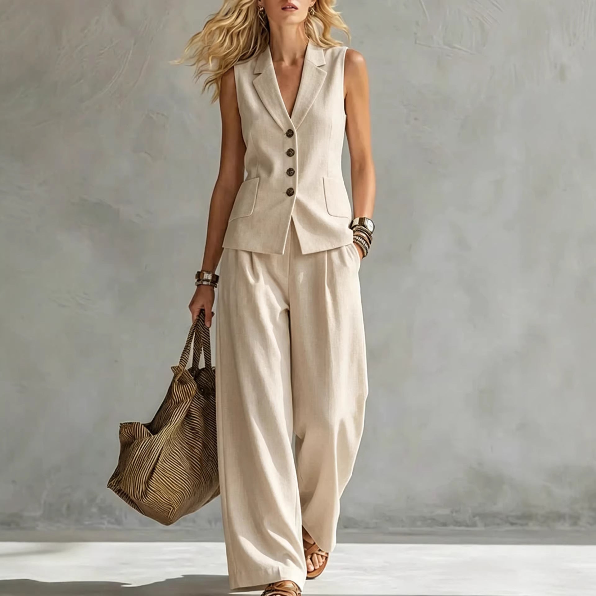 Womens Solid-Colored Sleeveless Casual Linen Tank Top And Pants Set 