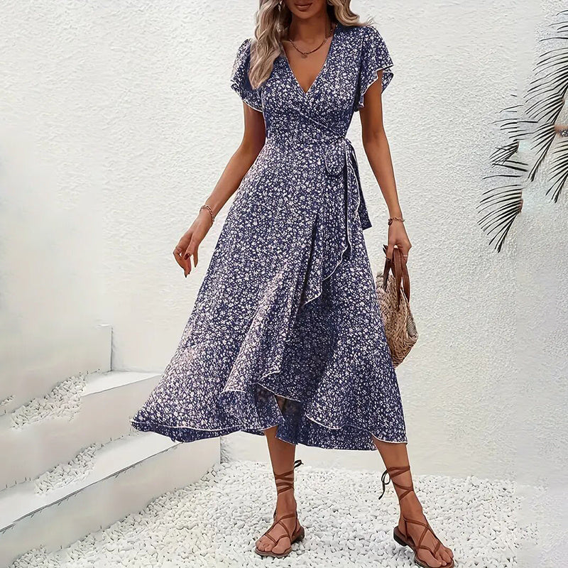Summer Floral Boho Dress - Short Sleeve Ruffle Flowy Maxi Dresses CJ US