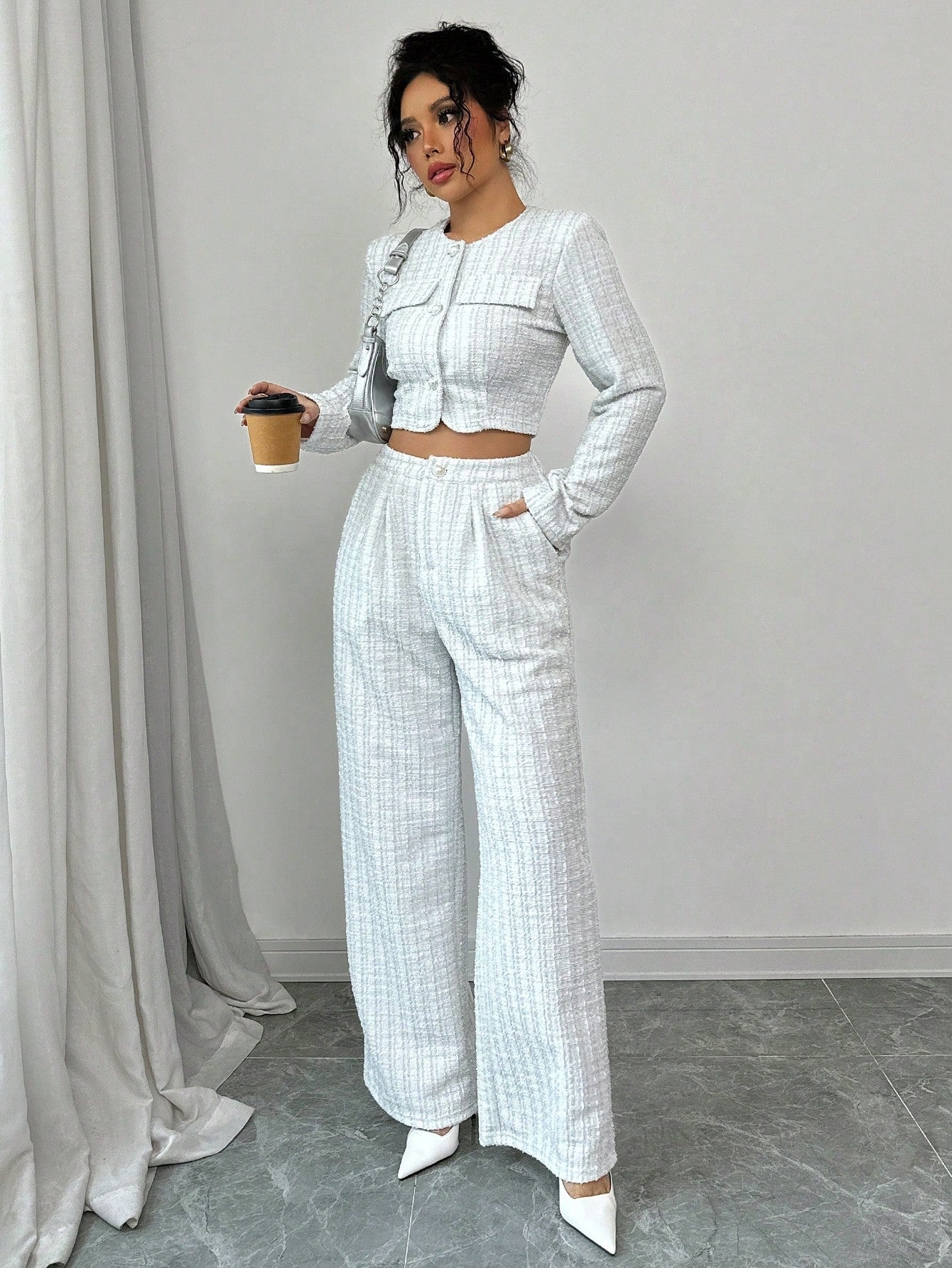 Women’s Tweed Pearl-Button Jacket & Pants Set CJ