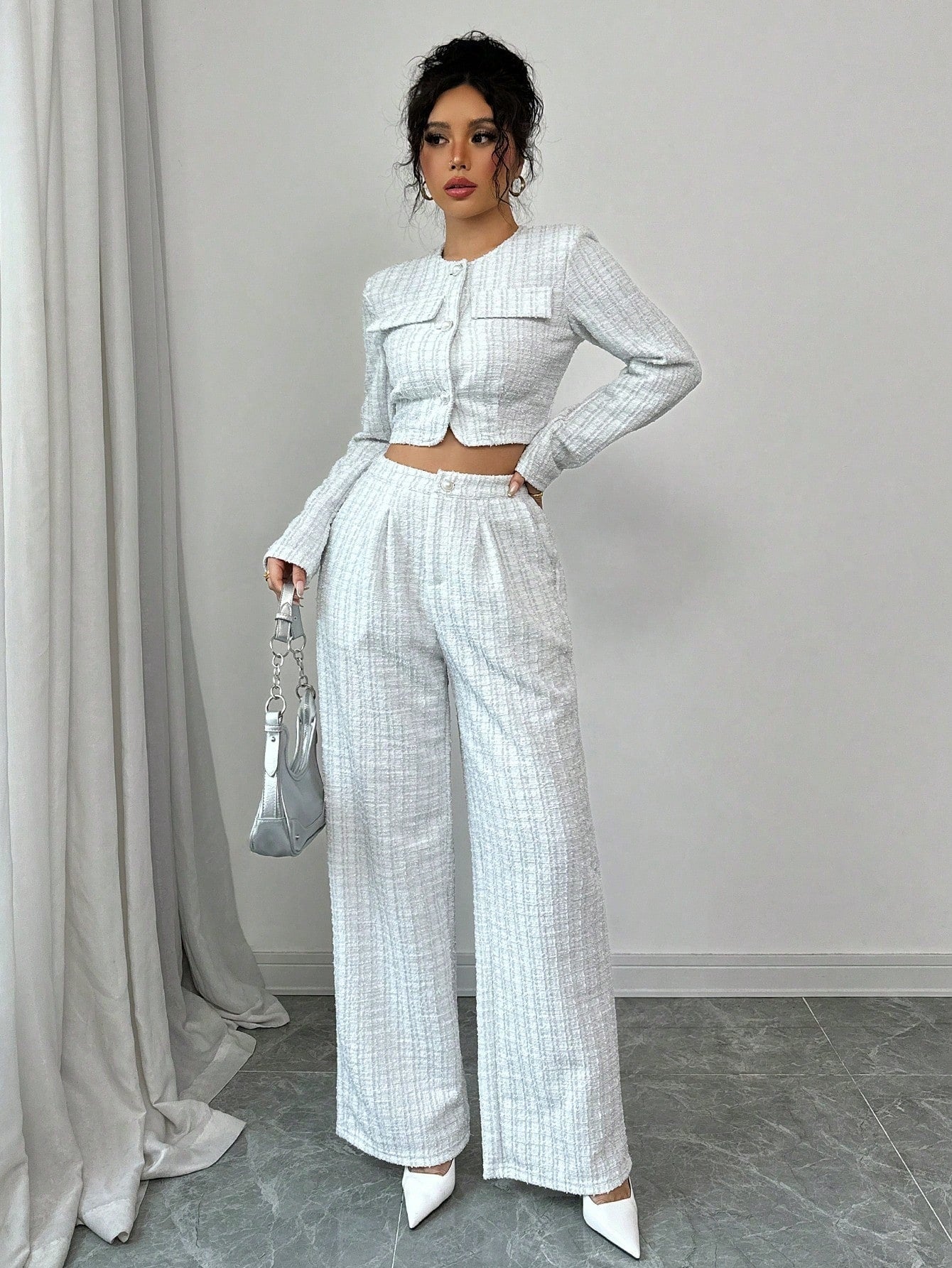Women’s Tweed Pearl-Button Jacket & Pants Set CJ