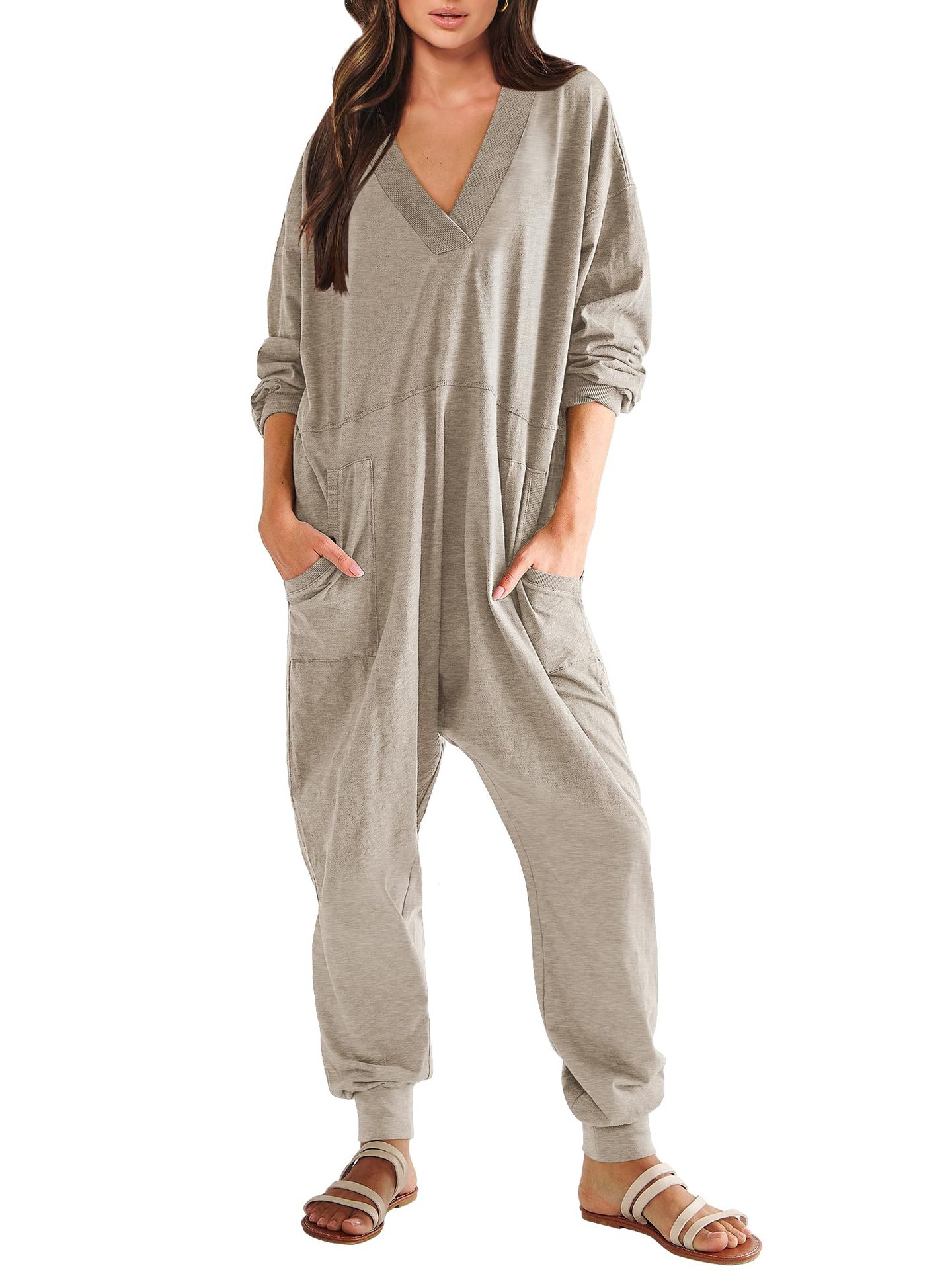 Women's V-neck Long Sleeve Solid Color Loose Jumpsuit With Two Side Pockets 