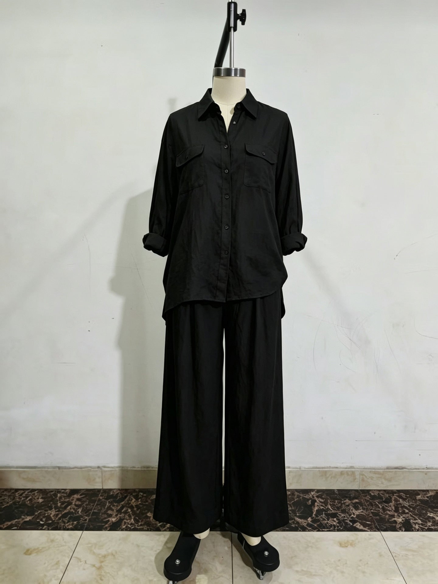 Chic Linen Set for Women, Breathable Lightweight Long Sleeve Shirt with Drapey Wide-Leg Pants, Vacation Style Casual Outfit 