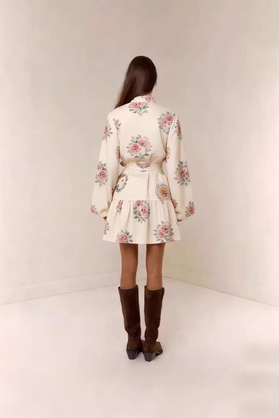 Digital-print Lantern Sleeve Linen Midi Dress 