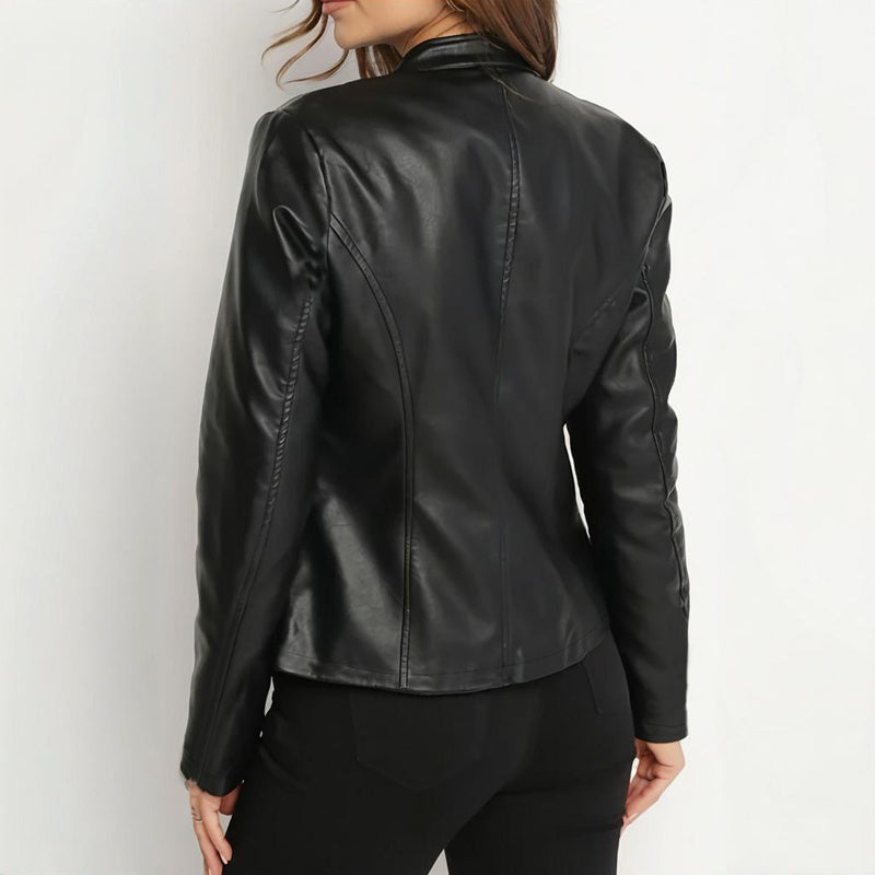 Women's Solid Color Long Sleeve Stand Collar Faux Leather Blazer CJ US