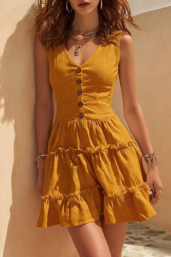 Sleeveless Linen Fashionable Casual Button-Up Dress 