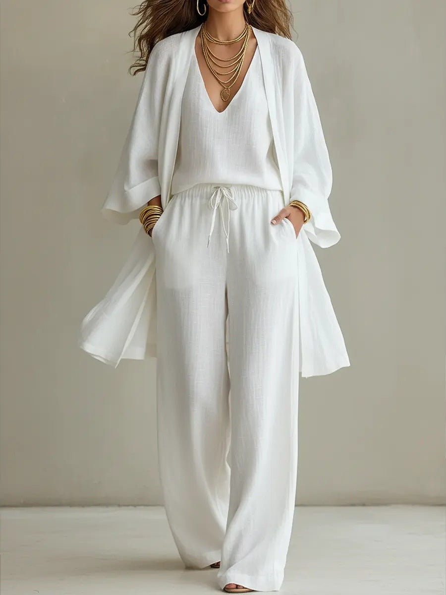 Womens Solid Color V-Neck Cardigan Vest With Pockets And Long Pants Three-Piece Set 