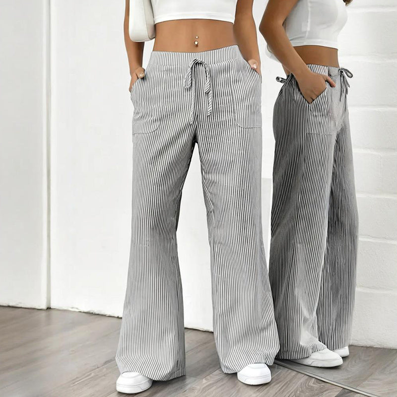 Women's Striped Print Straight Wide Leg Pockets Pants Casual Long Pants CJ US