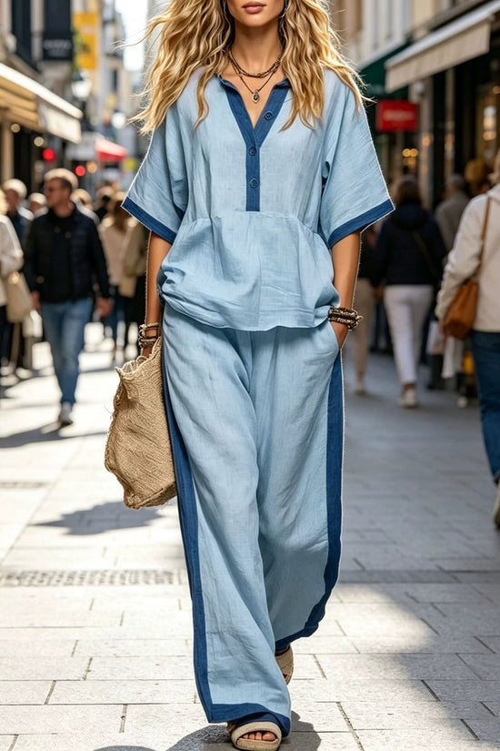 Casual Loose Solid Color Top with V-Neck and Three-Quarter Sleeves  Elastic Waist Loose Wide-Leg Pants Solid Color Set for Women 