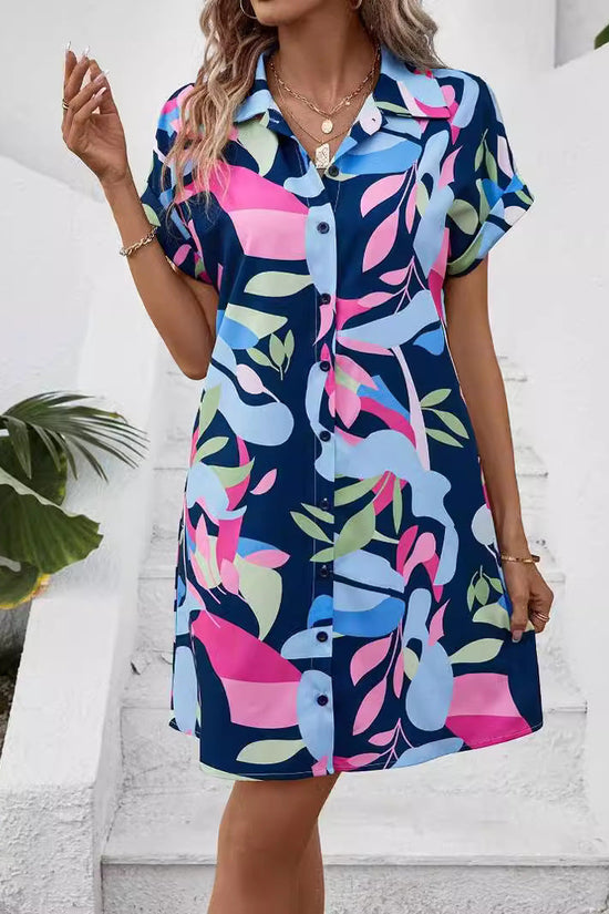 Summer New Fashion Colorful Floral Printed Open Front Short Sleeve Shirt Dress 