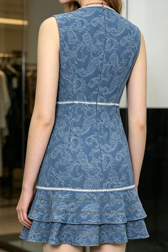 Sleeveless blue and white print element denim blue dress 