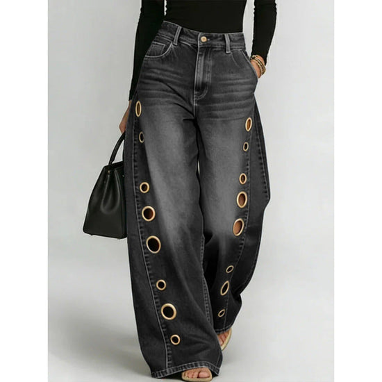 New jeans for women, metal eyelet design, casual loose high-waisted wide-leg jeans 