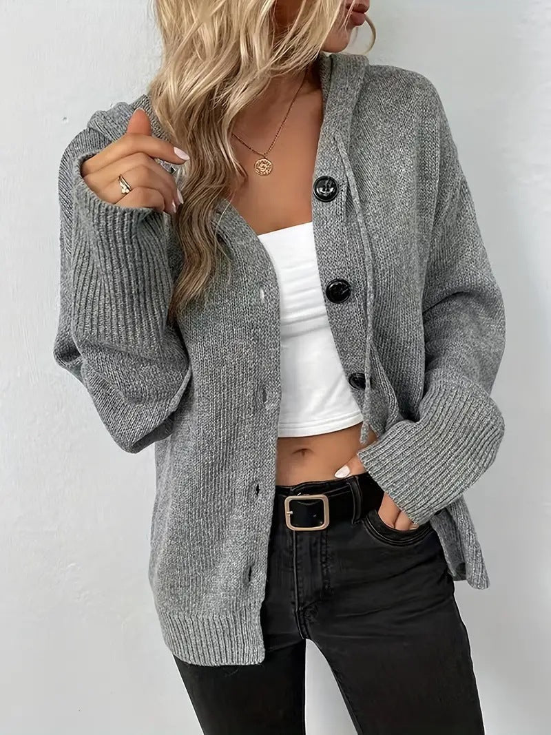 Solid color hooded single breasted sweater for women 