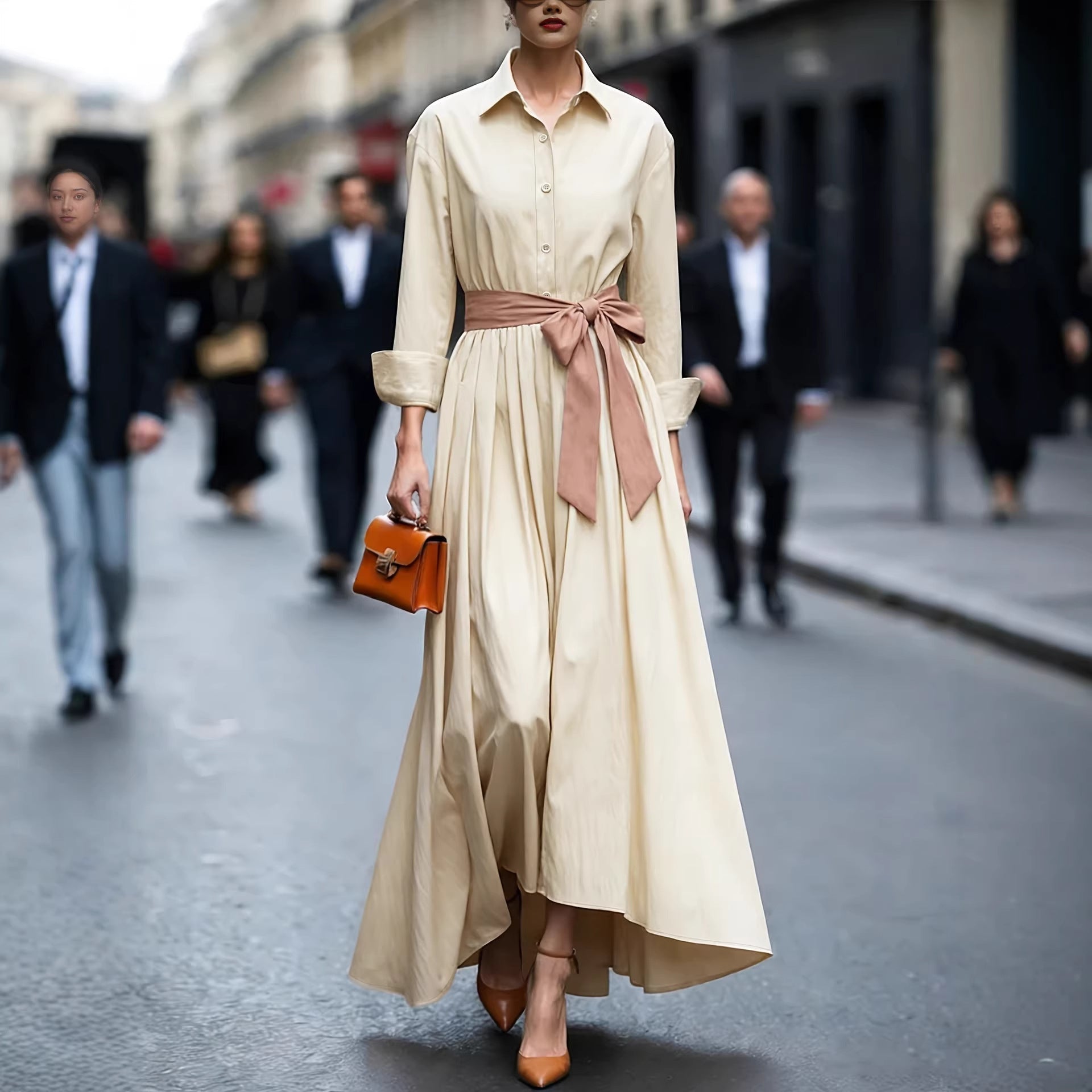 Long sleeved shirt collar solid color long skirt dress 
