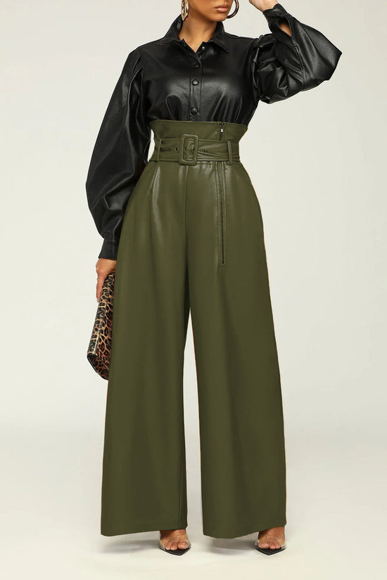 Fashion High-Waisted Long Pants for WomenStyle PU Leather Trousers with Metallic Belt, Wide Leg Pants, INS Trendy Nightclub Look 