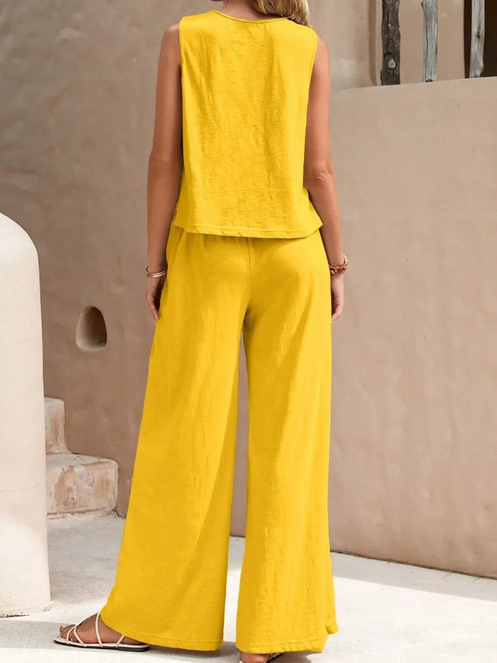 Round Neck Sleeveless Top and Wide Leg Pants Set 