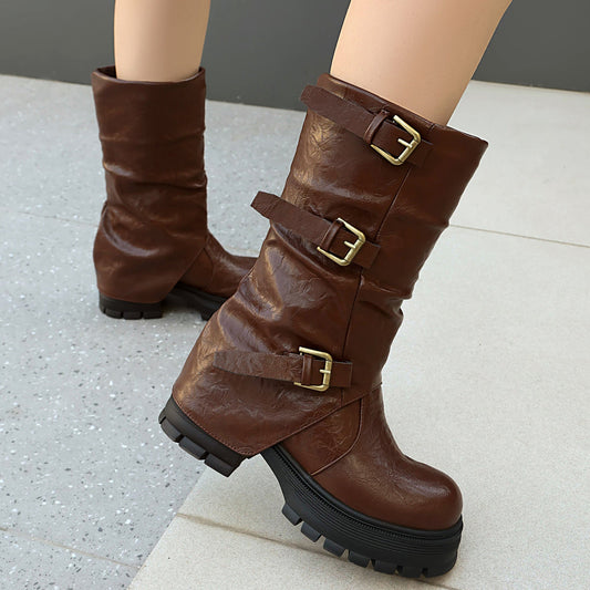 Thick Heel High Heel Women's Short Boots with Belt Buckle Slip-On Tube Boots 