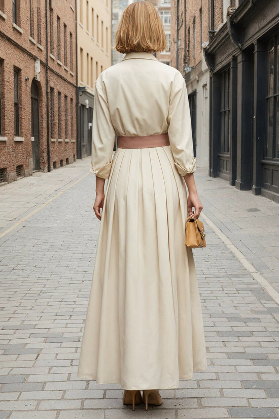 Long sleeved shirt collar solid color long skirt dress 