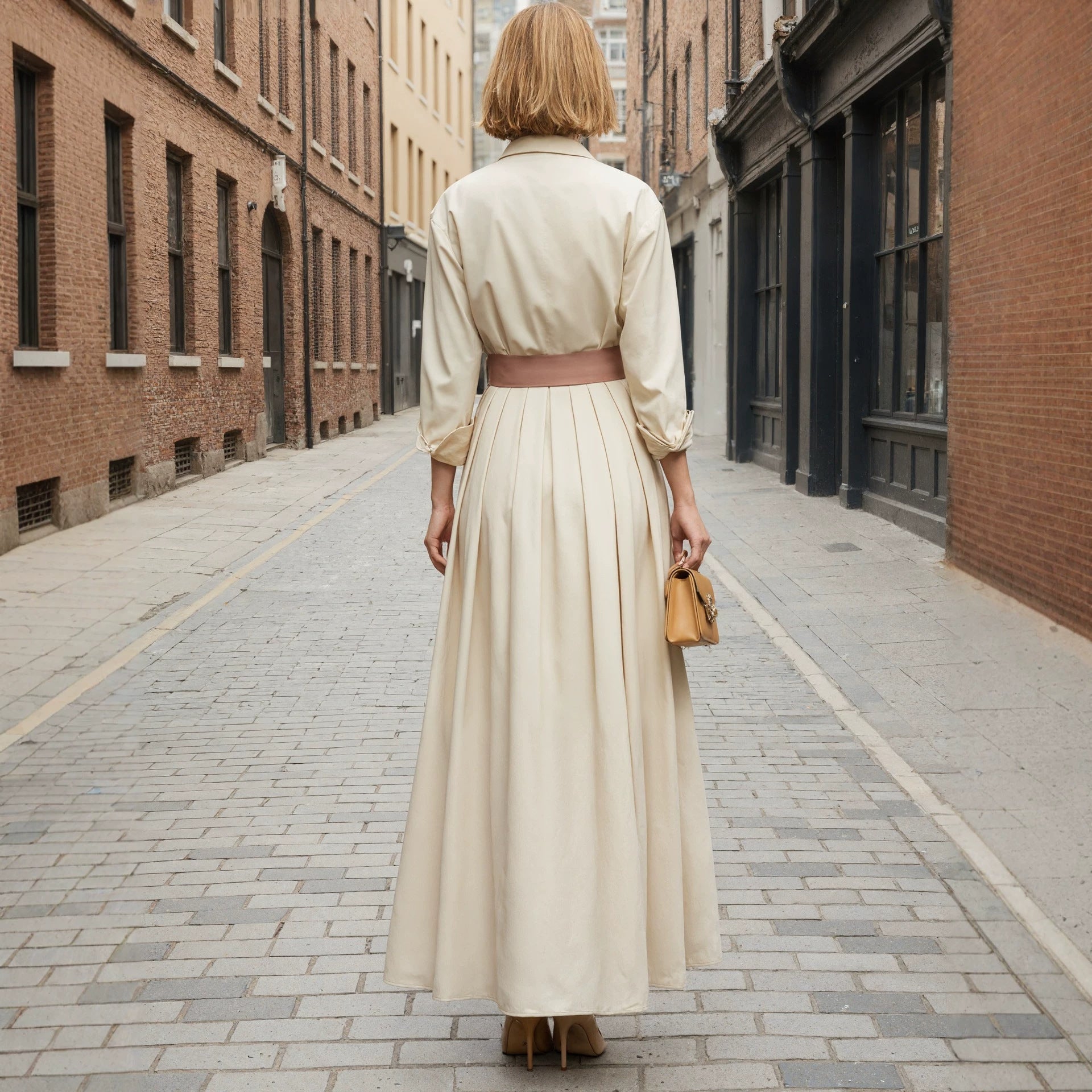 Long sleeved shirt collar solid color long skirt dress 