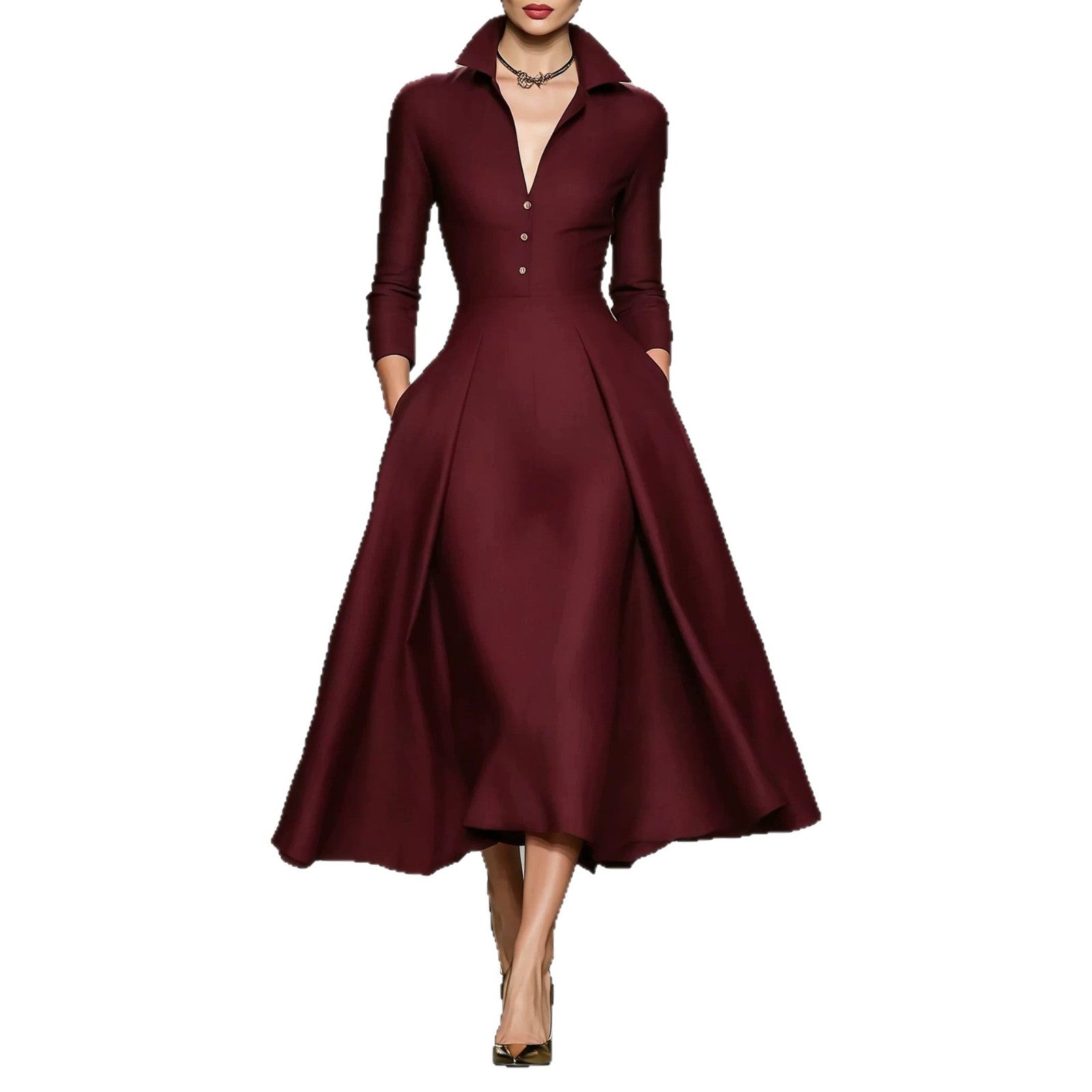 V-neck waist cinched long sleeved dress 