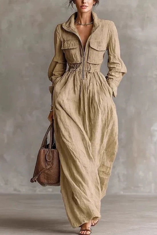 Women's Zipper Collar Elastic Waist Long Dress 