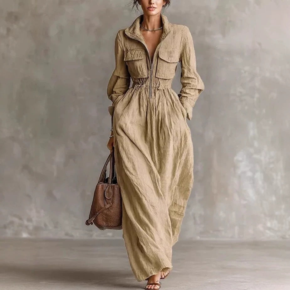 Women's Zipper Collar Elastic Waist Long Dress 