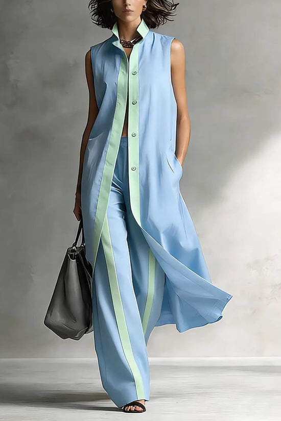 Color blocking loose vest cardigan pants set 